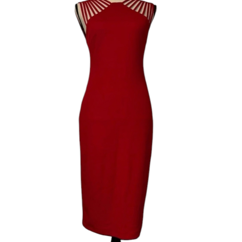 Bisou Bisou Womens  Red  Sleeveless V Neck Midi Lined Cocktail dress